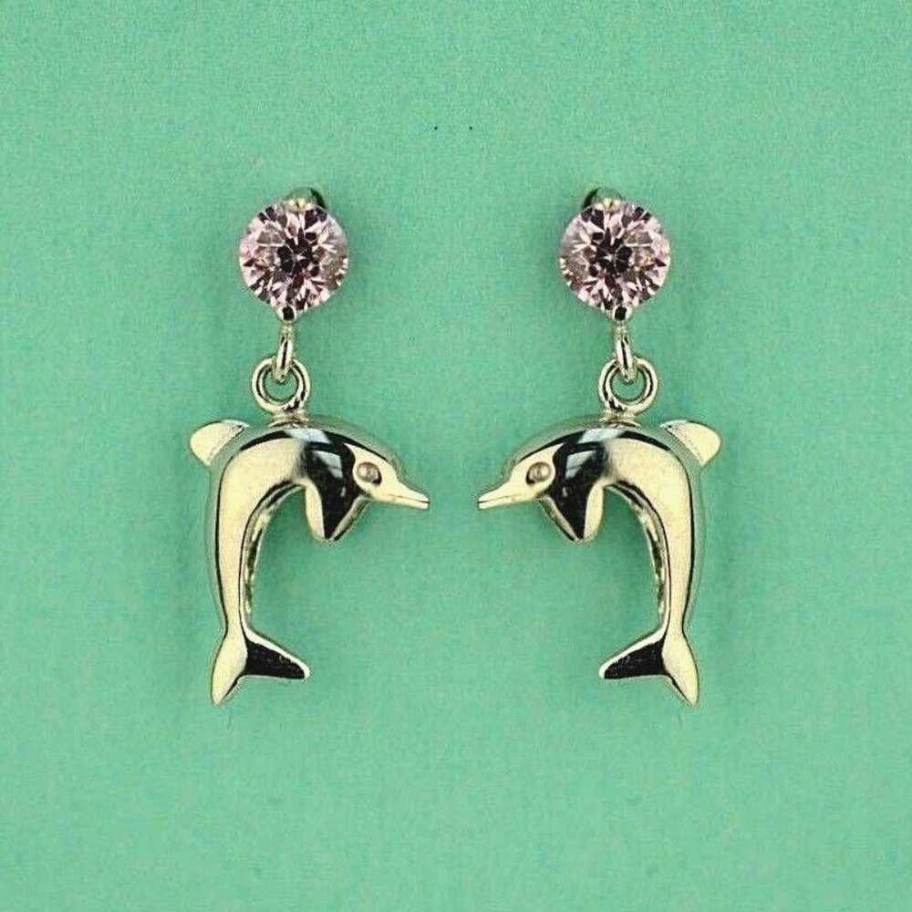 14k Solid Gold Dolphin Screw Back Stud Earring Wi… - image 7